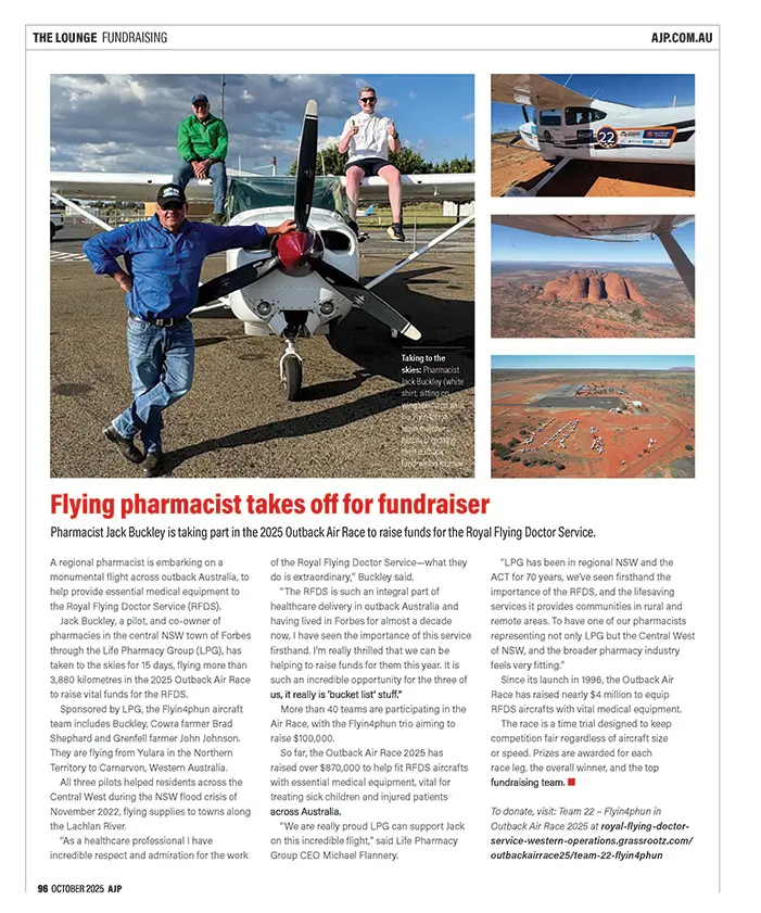 AJP | Flying pharmacist takes off for fundraiser | Life Pharmacy Group