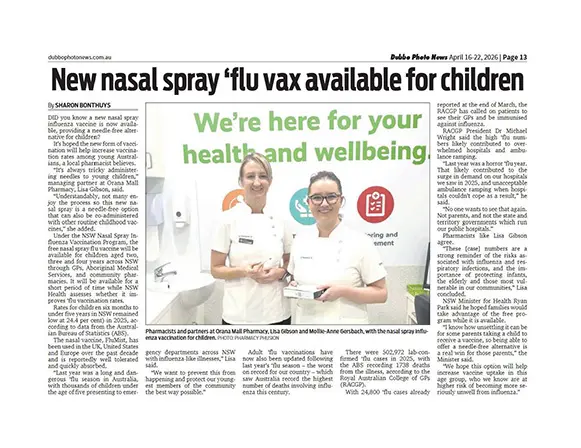 Dubbo Photo News | p13 | New Nasal Spray 'Flu Vax Available for Children | Life Pharmacy Group