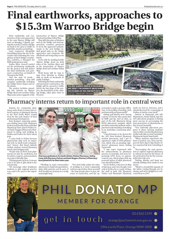 Forbes Advocate | p6 | Pharmacy Interns Return to Important Role in Central West | Life Pharmacy Group